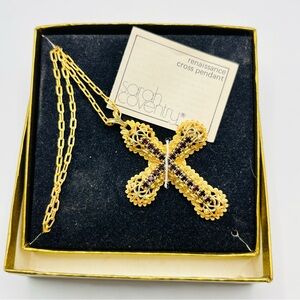 Vintage Sarah Coventry Renaissance Cross Dark Red rhinestones Necklace